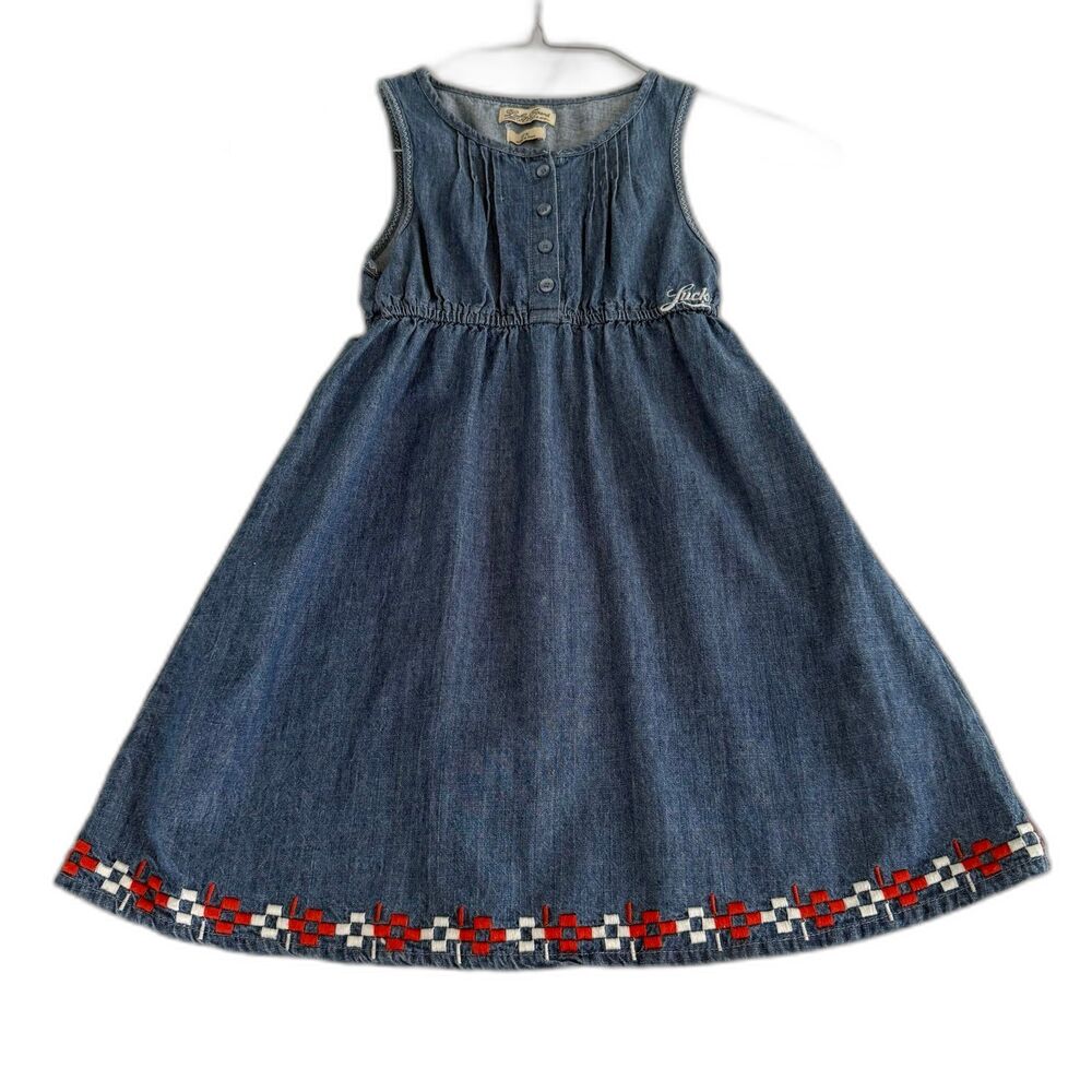 LUCKY Brand Girls 6X Denim Jumper Dress Embroidered Sleeveless Patriotic Cotton